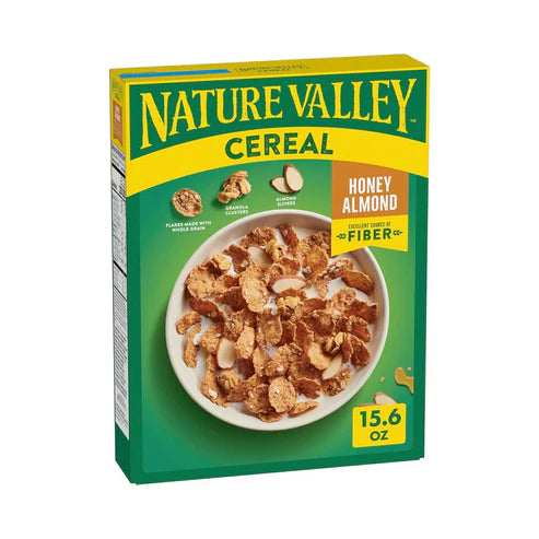Front of Nature Valley Cereal Honey Almond Granola & Clusters box showing logo, almond and honey cluster image, and pack size (442g)