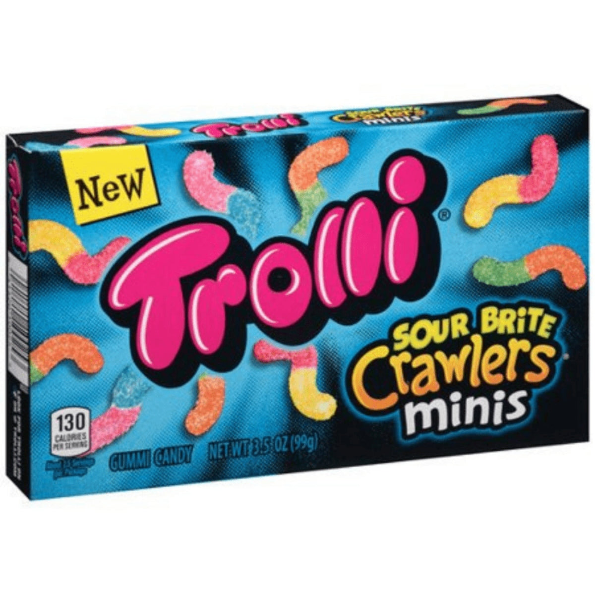 Front of Trolli Sour Brite Crawlers Minis Theatre box showing bright logo and colourful gummy worms (99g pack)