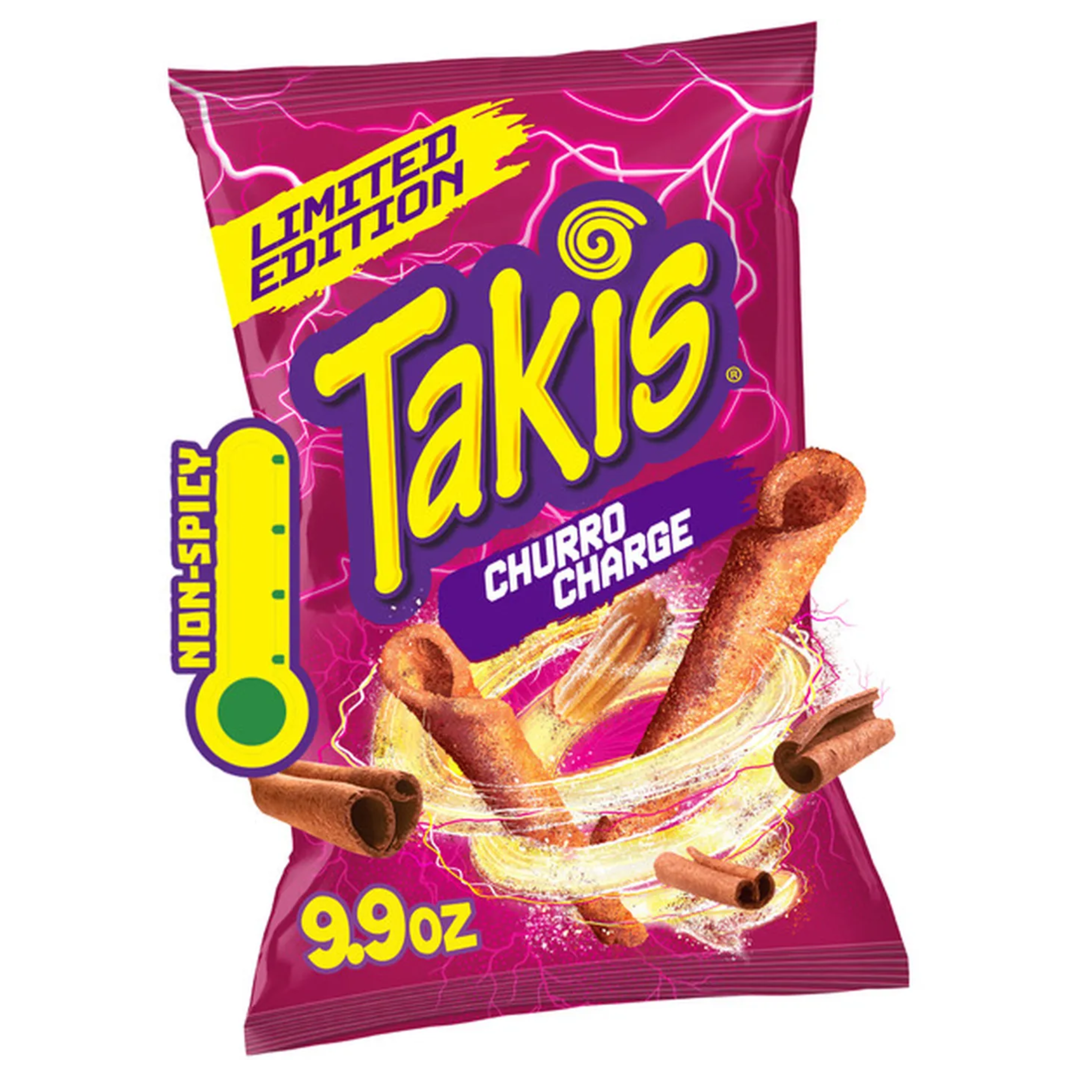 Front of a Takis Churro Charge rolled tortilla chips bag showing the logo, sweet churro flavour label, and pack size (280g)