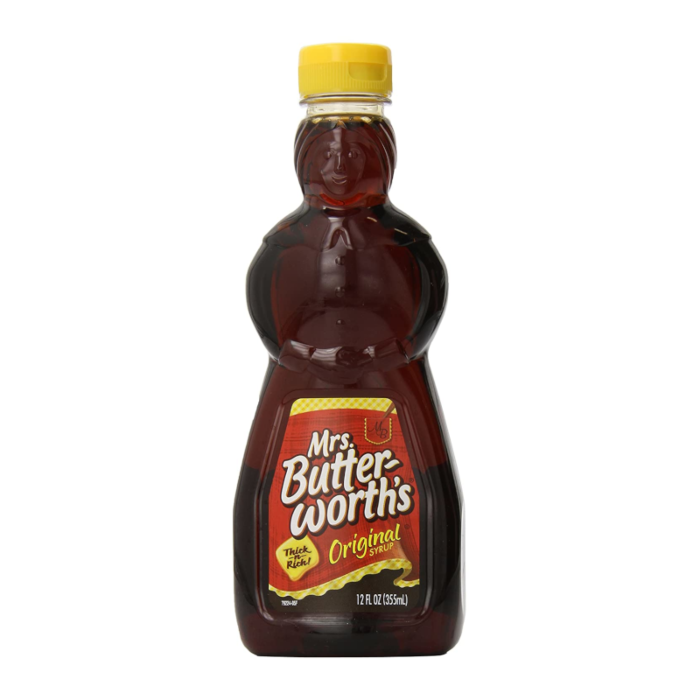 Front of Mrs Butterworth's Pancake Syrup Original bottle showing thick, rich syrup label and pack size (355ml)