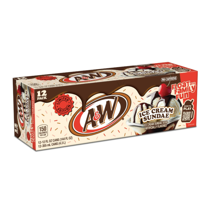 Front of A&W Ice Cream Sundae Soda packaging featuring logo, flavour details, and shown as a 12 pack of 355ml cans