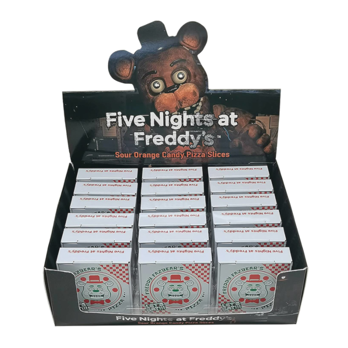 Front of Five Nights at Freddy Pizza Tin showing bright graphics and design, sour orange candy theme, and 26g pack size.