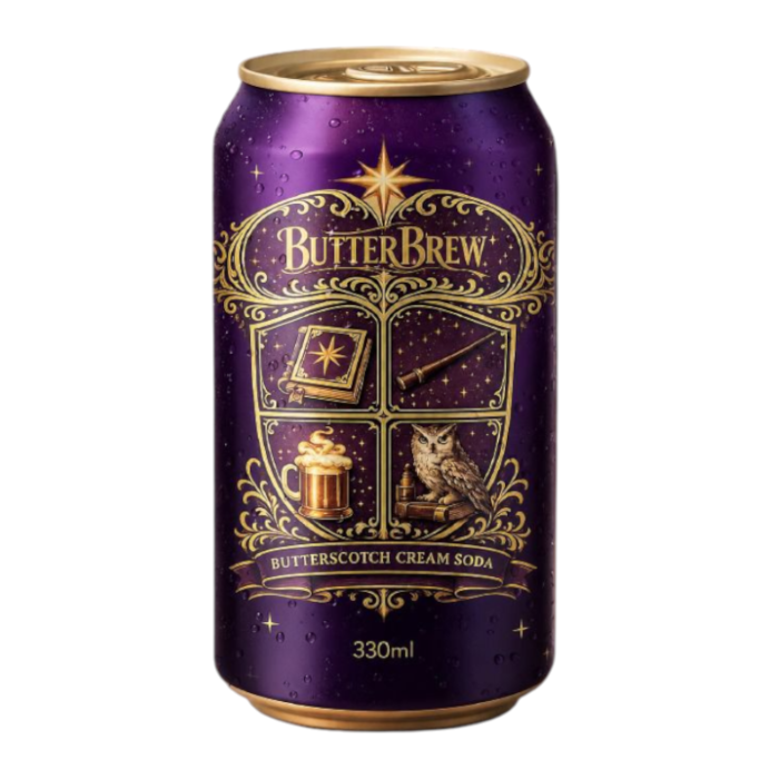 Front of Butter Brew Butter Scotch Cream Soda can showing purple label with logo, butterscotch flavour details, and 330ml volume