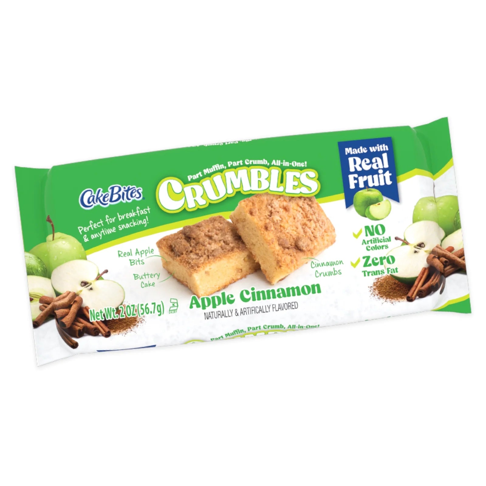 Front of Cake Bites Crumble Apple Cinnamon packaging displaying logo, apple cinnamon flavour, and two pieces of cake bites (56.7g pack)