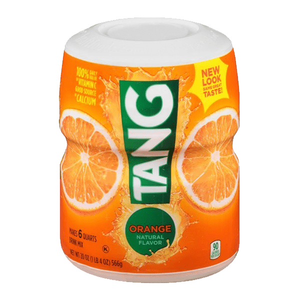 Front of Tang Orange Drink Mix container showing vibrant orange design, the logo, natural flavour label, and 566g pack size