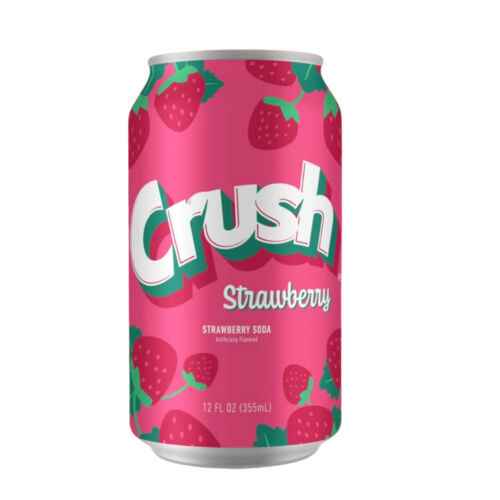Front of Crush Strawberry can showing bold logo, vibrant pink design with strawberries, and pack size (355ml)