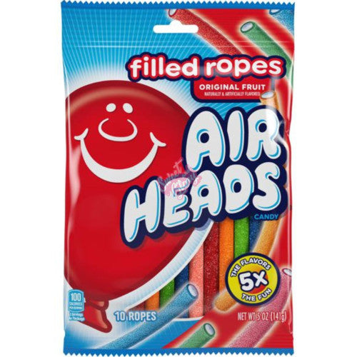 Front of Airheads Filled Ropes bag featuring bright colours, iconic logo, and showing a pack of 10 ropes (141g)