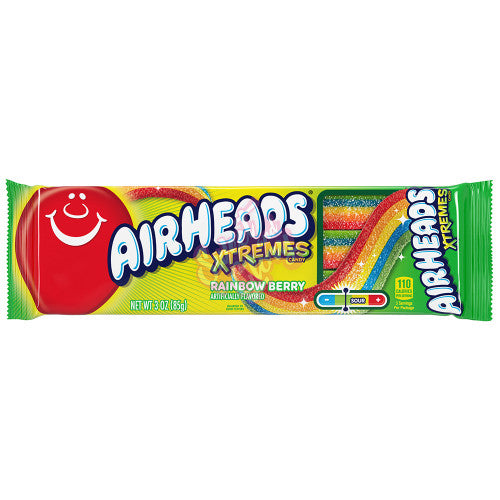 Front of Airheads Xtremes Sour Belts Rainbow Berry packaging showing the logo, colourful fruity belt design, and 85g pack size.