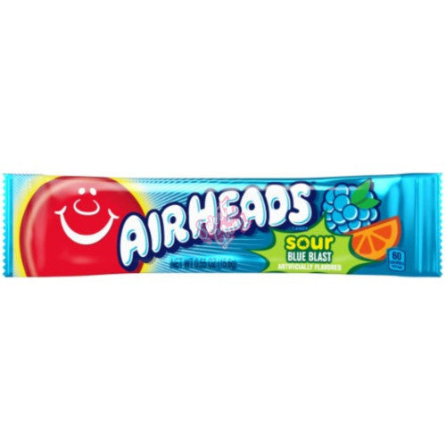 Front of Airheads Sour Blue Blast Bar showing the brand logo and vibrant blue packaging with sour blue blast flavour details (15.6g pack)