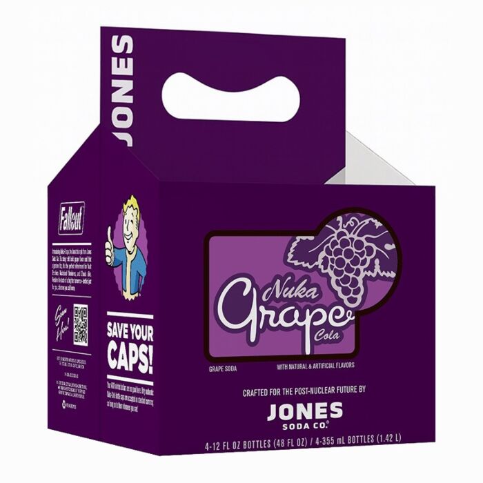 Front of Jones Soda Fallout Nuka Cola Grape 4 Pack cardboard carrier showing purple design, grape label, and images of the soda bottles (4 pack)