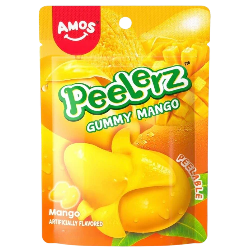 Front of Amos Peelerz Mango pouch showing bright yellow and orange design with logo, mango flavour label, and peelable gummy mango pieces (120g pack)