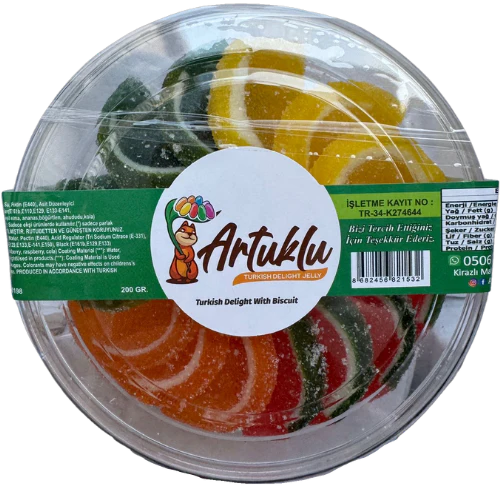 Front of Jelly Fruit Slices Platter showing colourful jelly pieces, featuring a playful assortment of fruity flavours in a 200g container.
