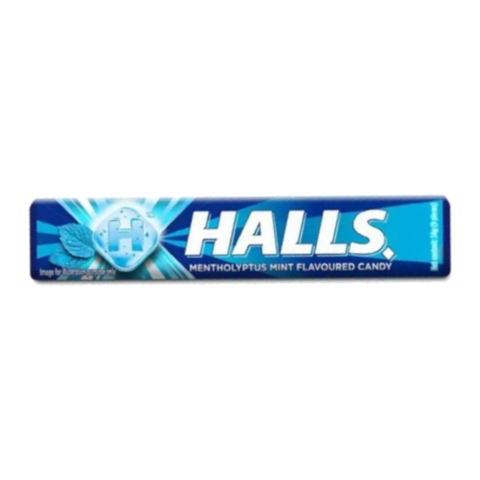 Front of HALLS Fresh Candy Roll showing the mentholyptus flavour label and packaging (33g pack)