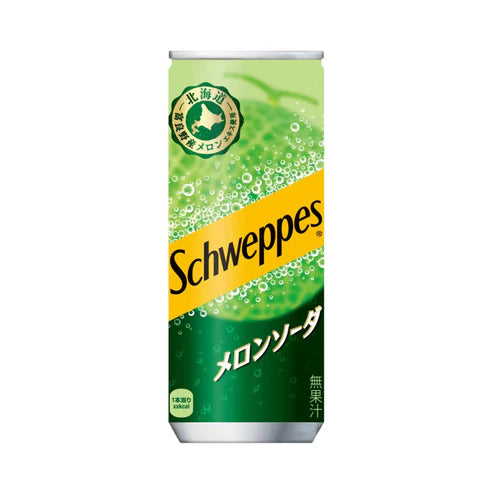 Front of Schweppes Melon Soda can featuring the logo, melon flavour label, and vibrant green design (250ml pack)