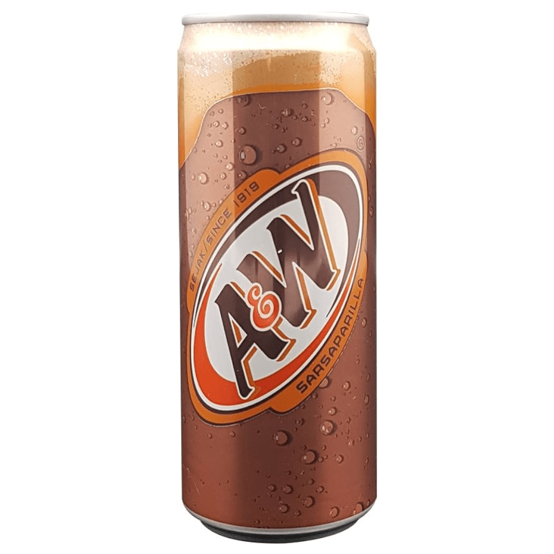 Front of A&W Root Beer can showcasing the bold logo and sarsaparilla flavour (320ml pack)