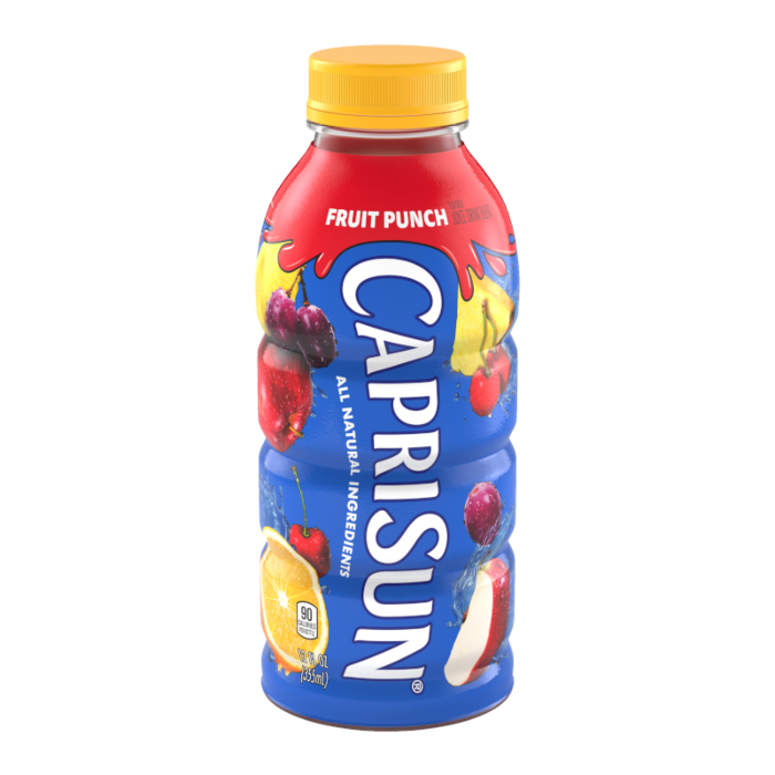 Front of Capri Sun Fruit Punch pouch showing bold blue design, fruit punch label, and images of assorted fruits (355ml pack)