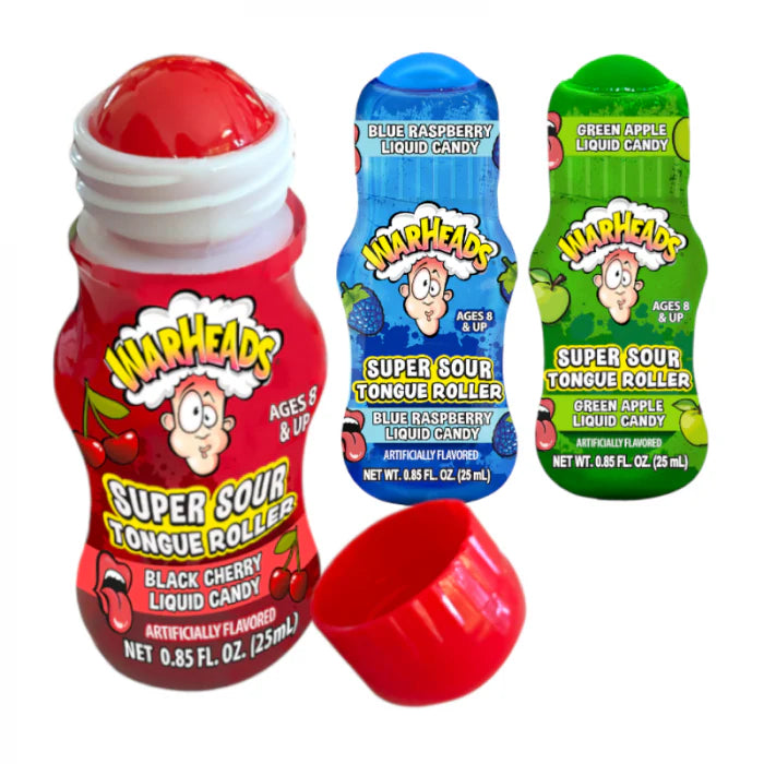 Front of Warheads Super Sour Tongue Roller (Random Flavour) 25ml showing vibrant label with sour candy theme and logo