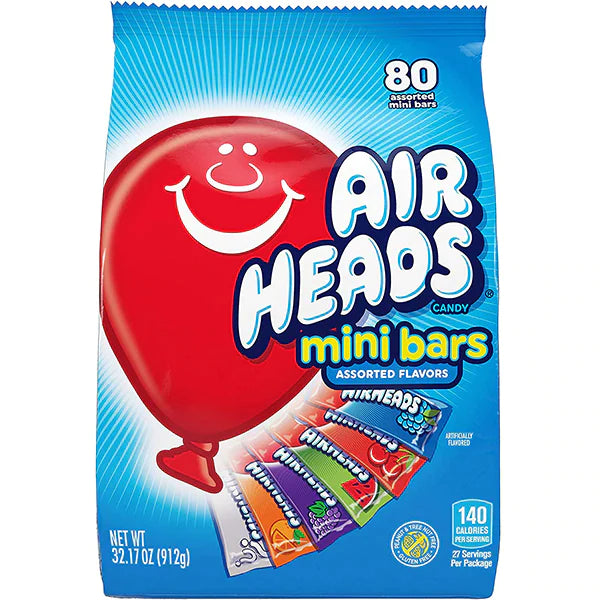 Front of Airheads XXL Assortment Party Bag showing blue packaging with a red balloon logo and an assortment of mini bars (912g)
