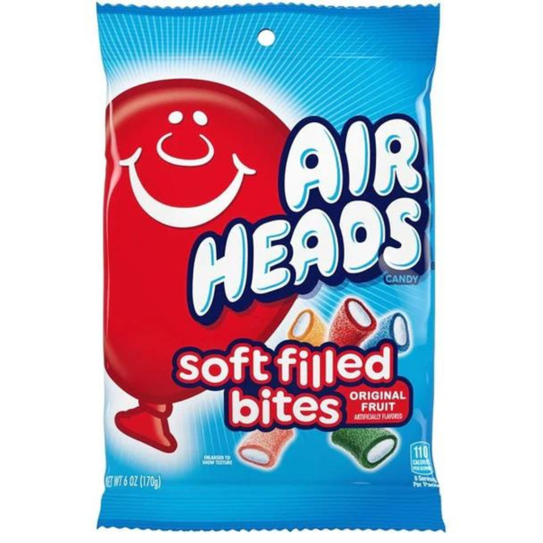 Front of Airheads Soft Filled Bites bag showing the red logo, soft filled bites label, and colourful candies (170g pack)
