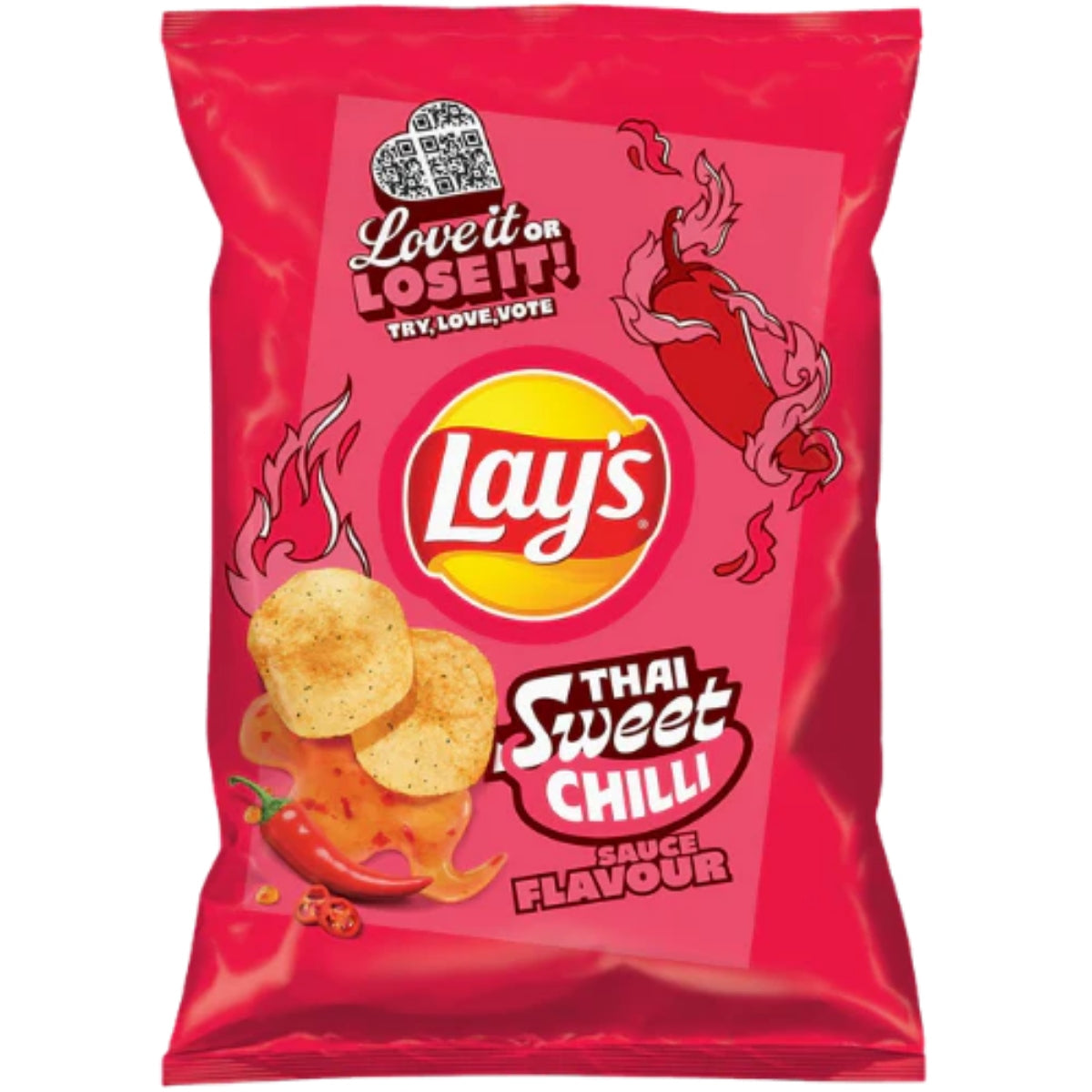 Front of a red bag of Lay's Sweet Thai Chilli showing logo, spicy chillies, and crisps with sauce flavour label (130g pack)