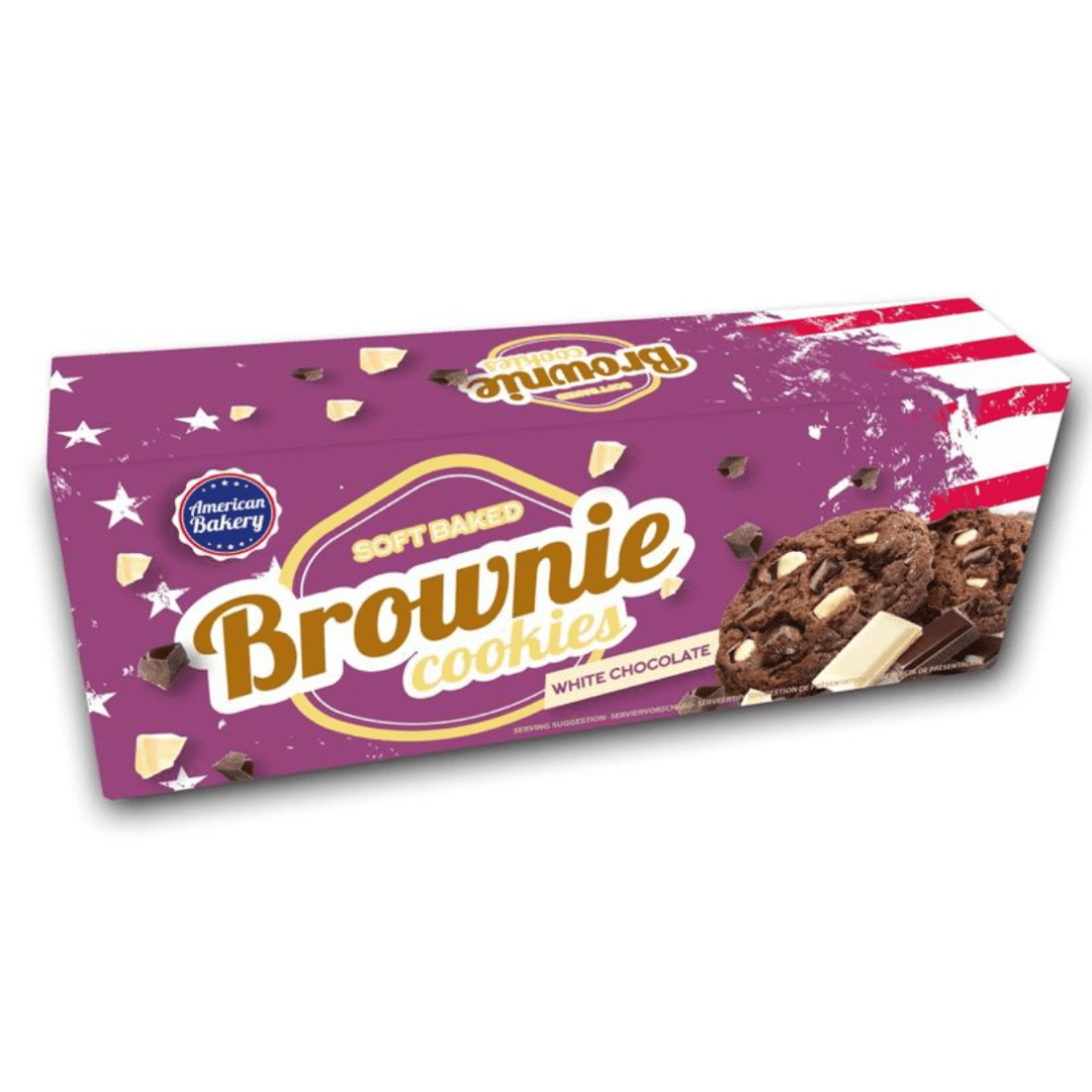 Front of American Bakery Cookie Brownie package displaying soft baked brownie cookies with white chocolate chunks (106g)