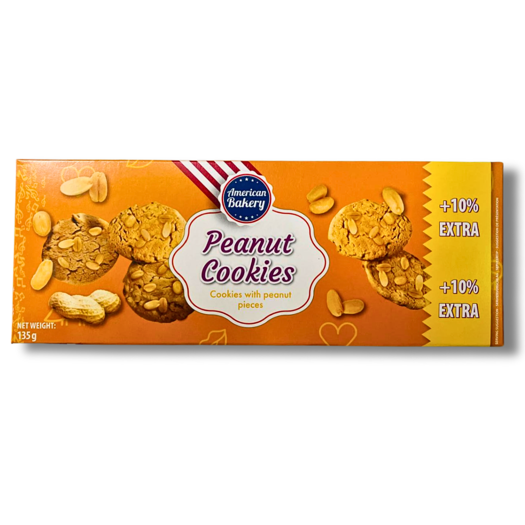 Front of American Bakery Peanut Cookies box showing logo, cookies with peanut pieces, and pack size (135g)