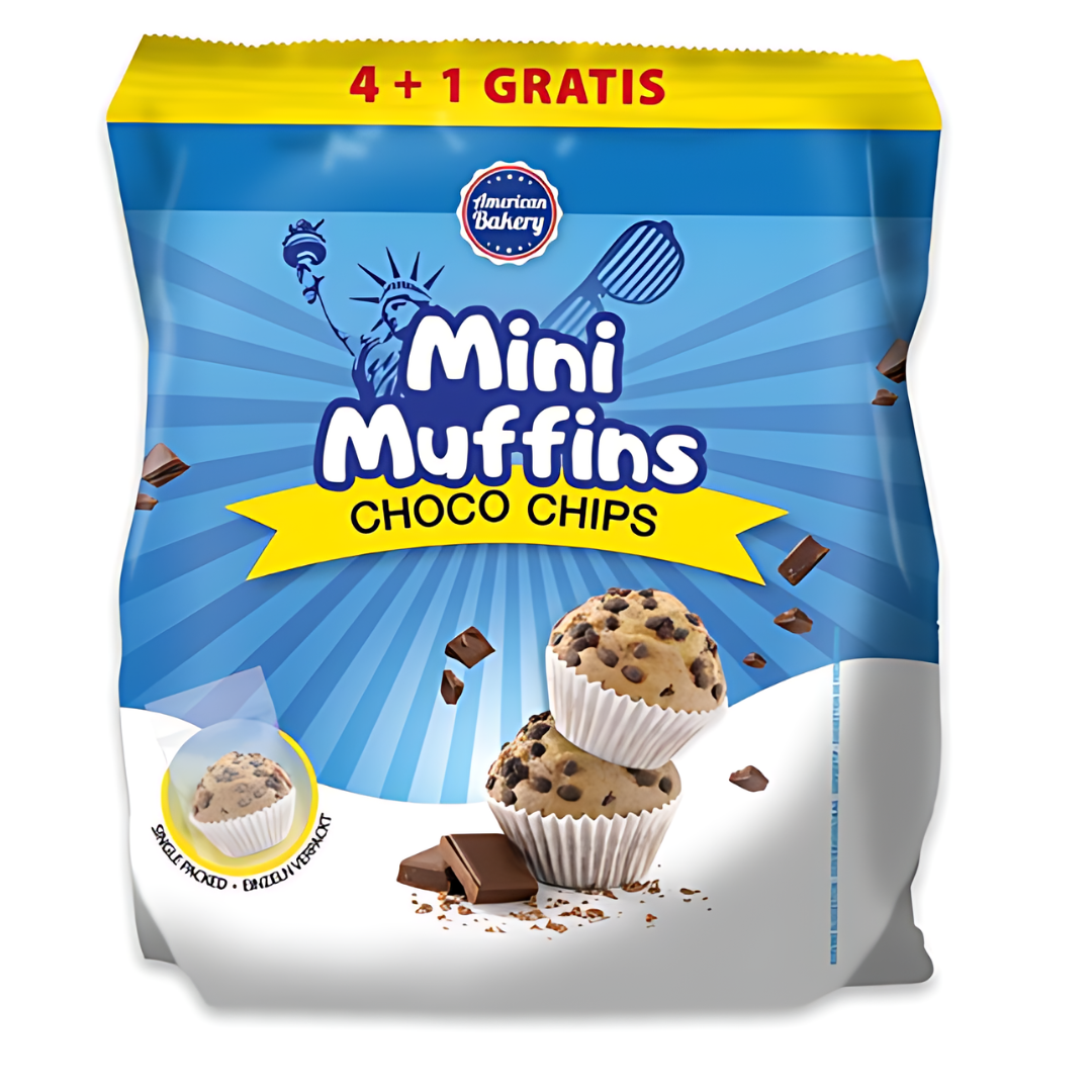 Front of American Bakery Muffins Chocolate Chip Mini Muffins 125g bag showcasing mini muffins, chocolate chip details, and vibrant packaging.