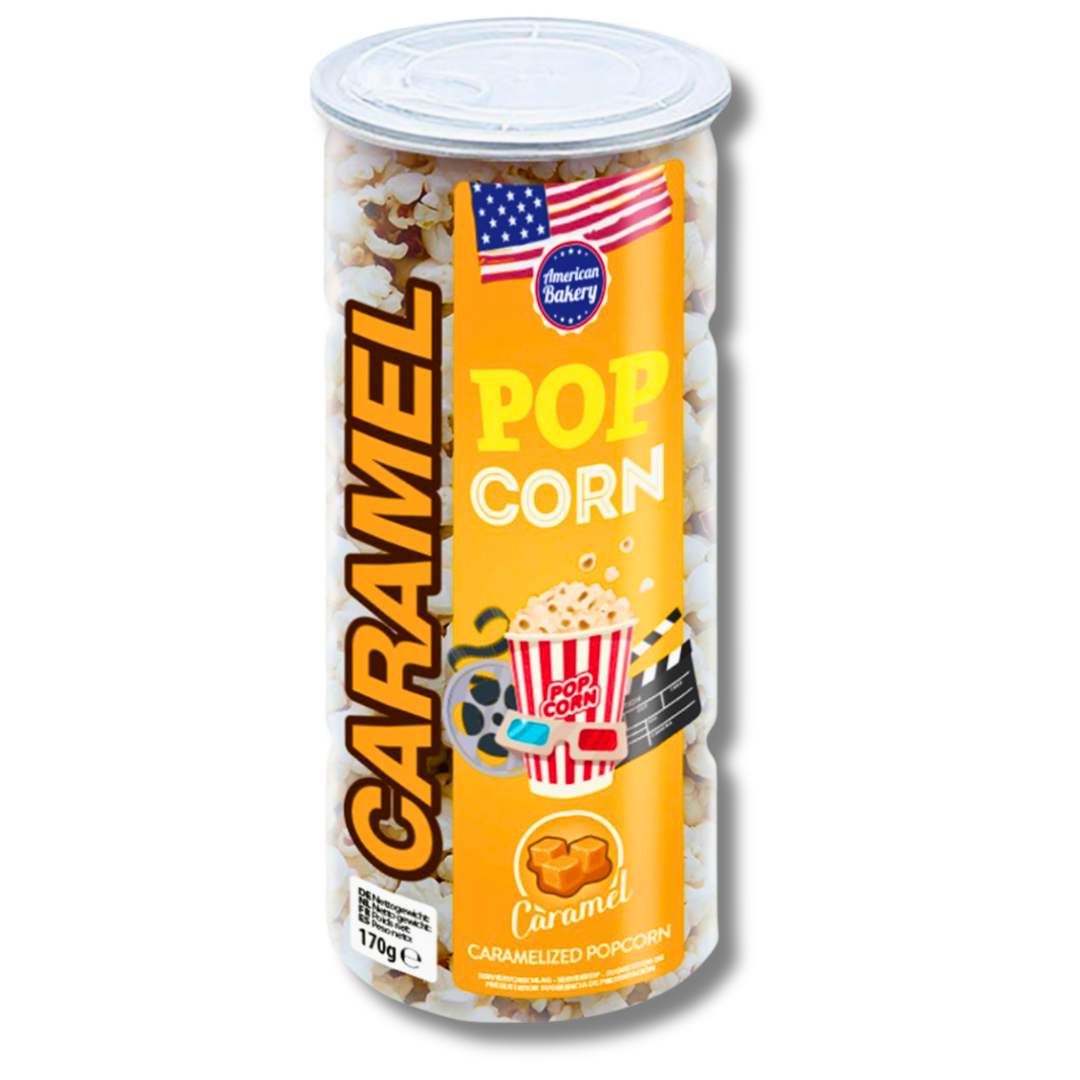 Front of American Bakery Caramel Popcorn canister showing bright orange design, popcorn imagery, and caramel details (170g pack)