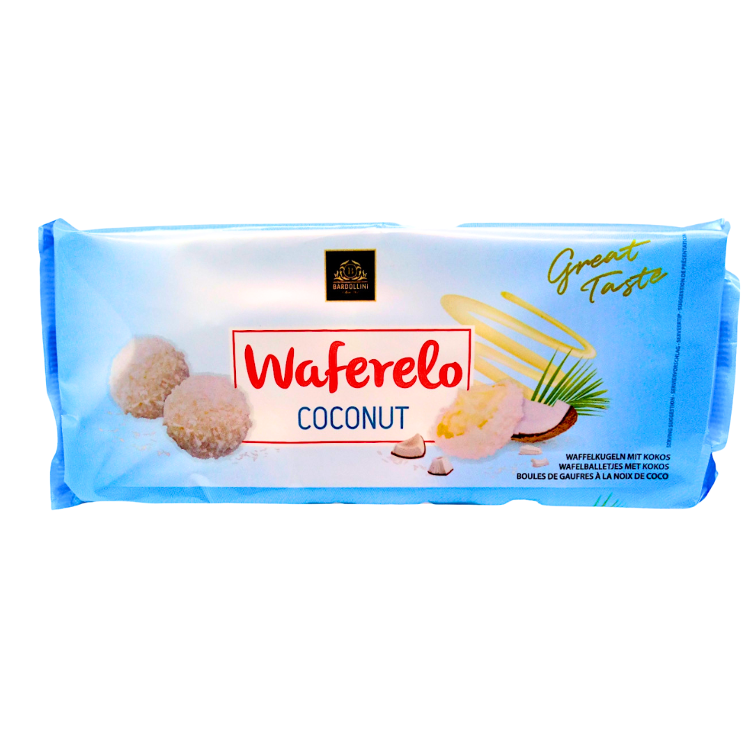 Front of Bardollini Waferelo Coconut Balls packaging displaying the product name, coconut flavour, and vibrant imagery of the treats (100g pack)