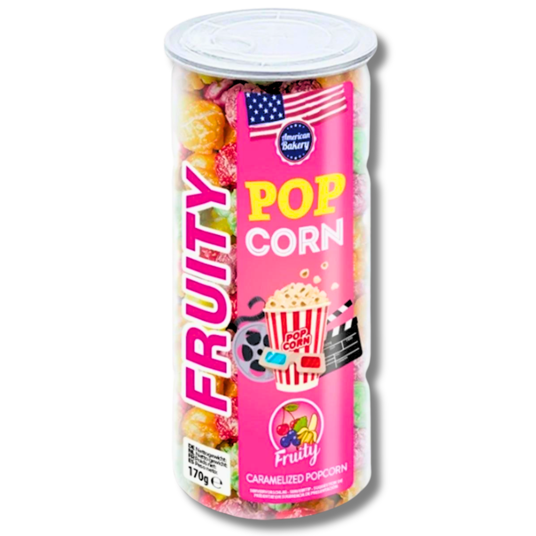 Front of American Bakery Fruity Popcorn tub showing vibrant fruity design, popcorn imagery, and 170g label