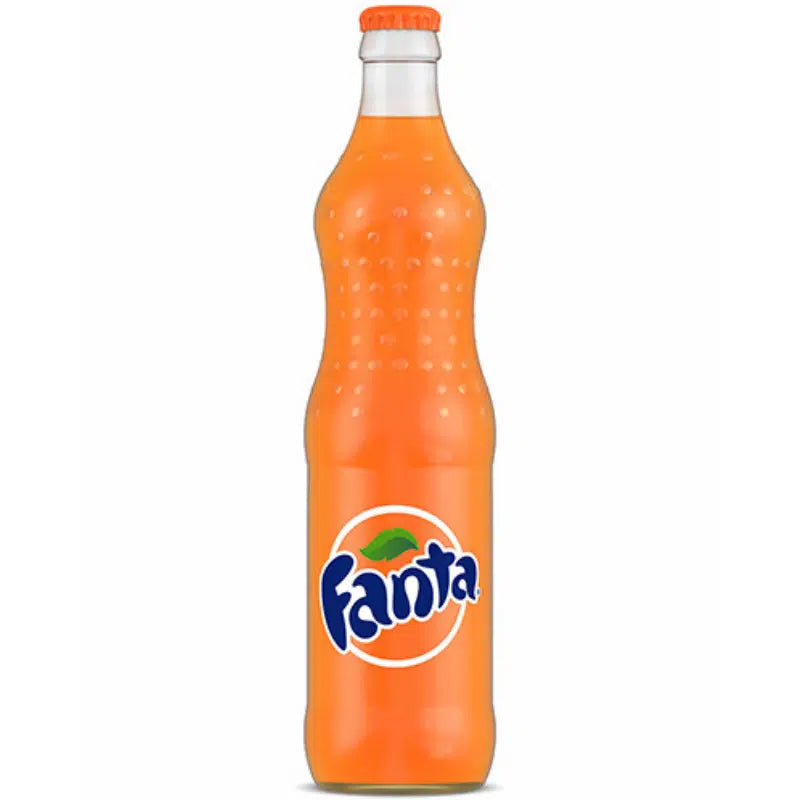 Front of Fanta Orange Glass Bottle (Nigeria) showing orange beverage label and logo with 500ml quantity.