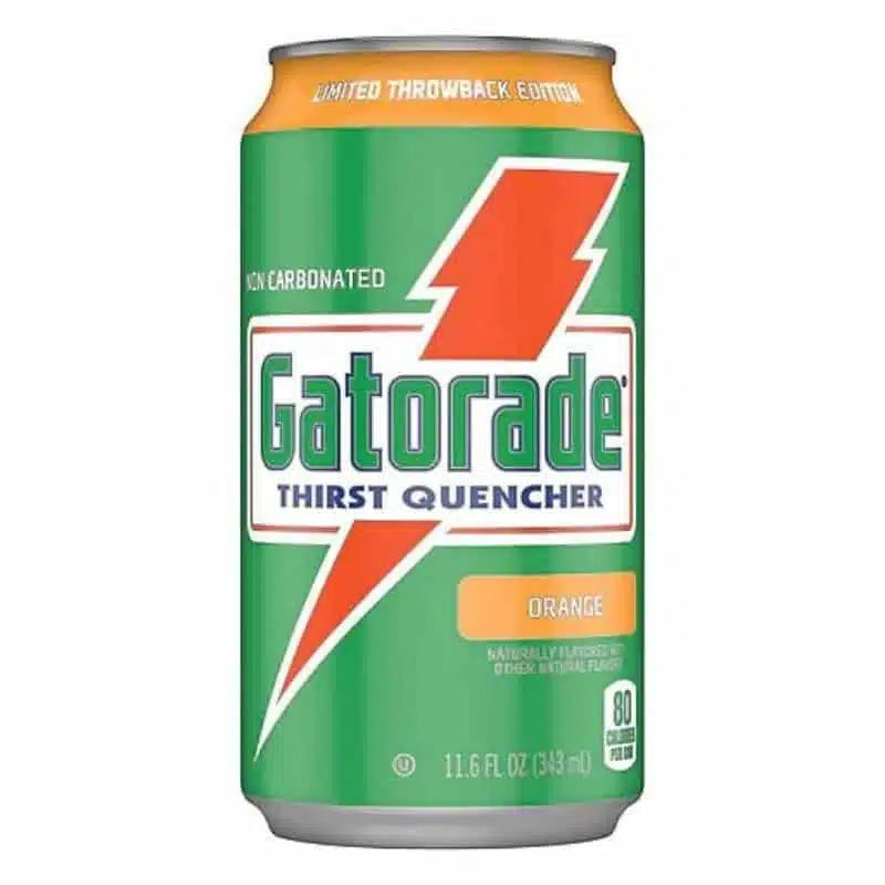 Front of Gatorade Orange Limited Throwback Edition can featuring logo, vibrant orange flavour label, and 343ml size details.