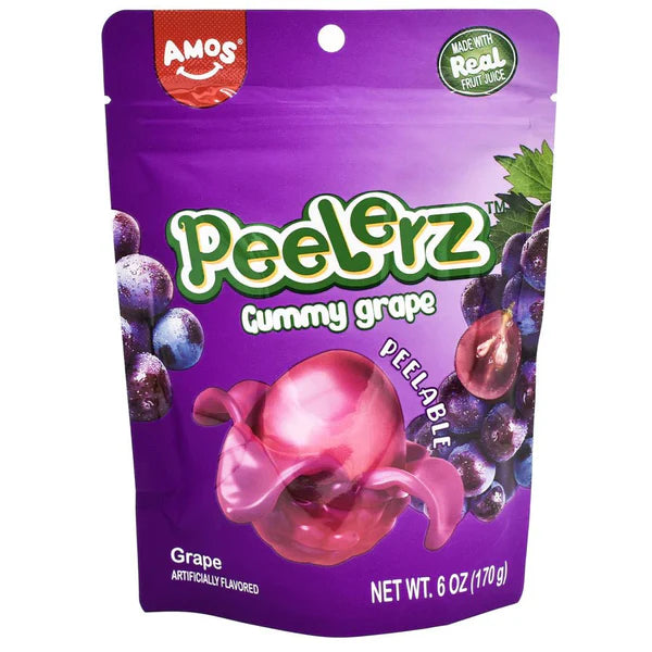 Front of Amos Peelerz Grape pack showing bright purple packaging, peelable gummy shape, grape flavour text, and 170g quantity.