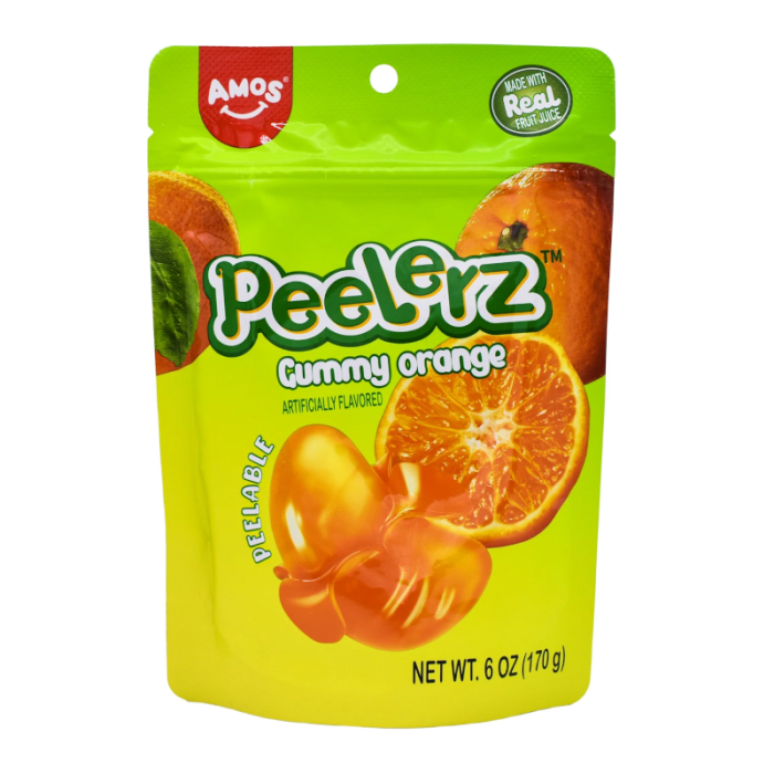 Front of Amos Peelerz Orange bag showing bright yellow packaging, orange flavour label, and gummy orange treats (170g pack)
