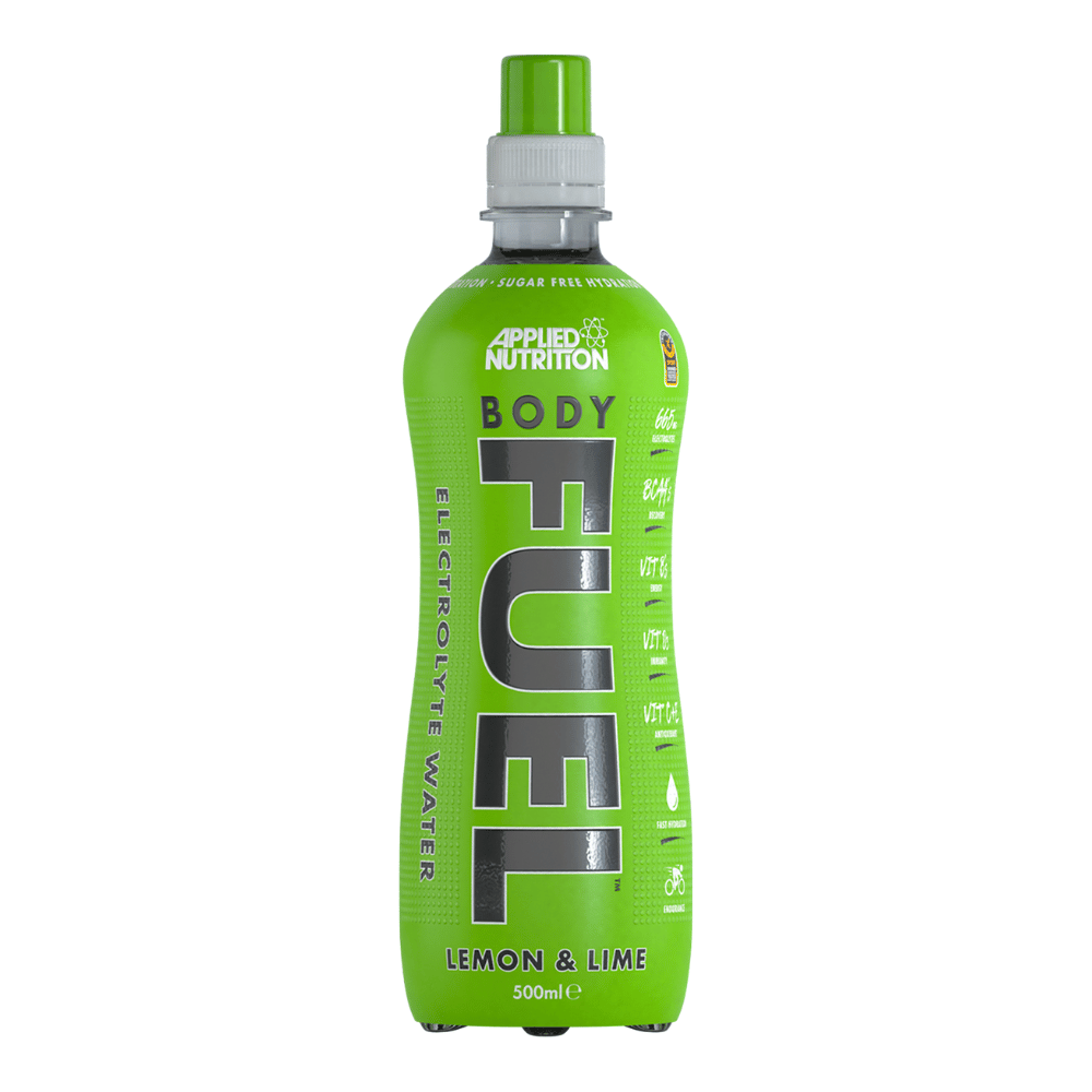 Front of Body Fuel Lemon & Lime bottle showcasing bright green label, product name, lemon and lime flavour, and 500ml size.