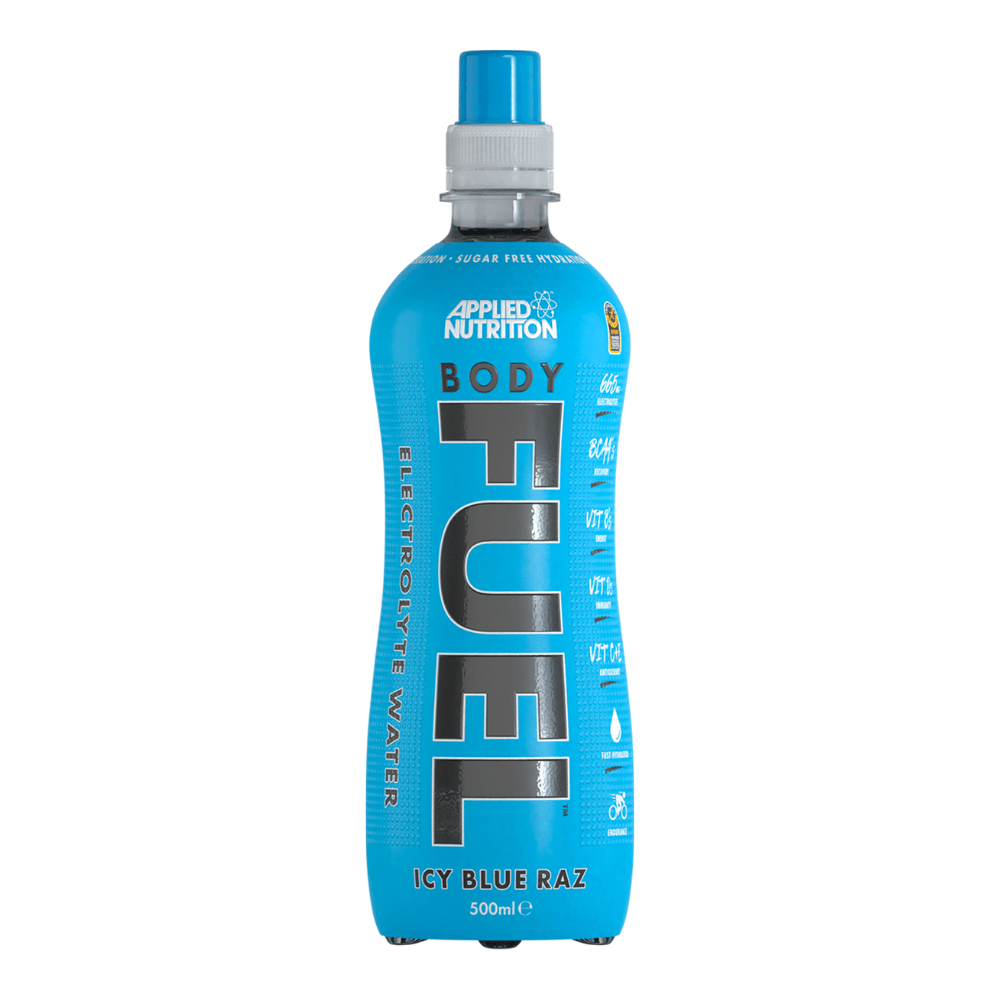Front of Body Fuel Blue Raspberry bottle showing bright blue label with bold lettering and hydration details (500ml pack)
