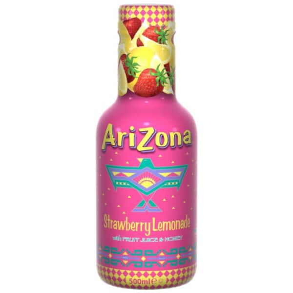 Front of AriZona Cowboy Cocktail Strawberry Lemonade bottle showcasing the vibrant pink design, strawberry and lemon illustrations, and 500ml volume.