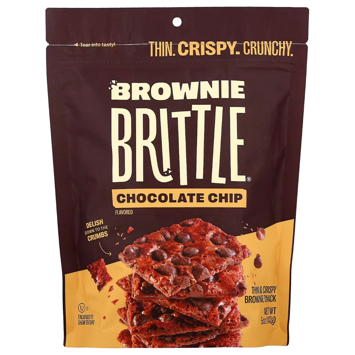 Front of Sheila G's Brownie Brittle Chocolate Chip bag showcasing logo, chocolate chip flavour, and a stack of brownie brittle (78g pack)