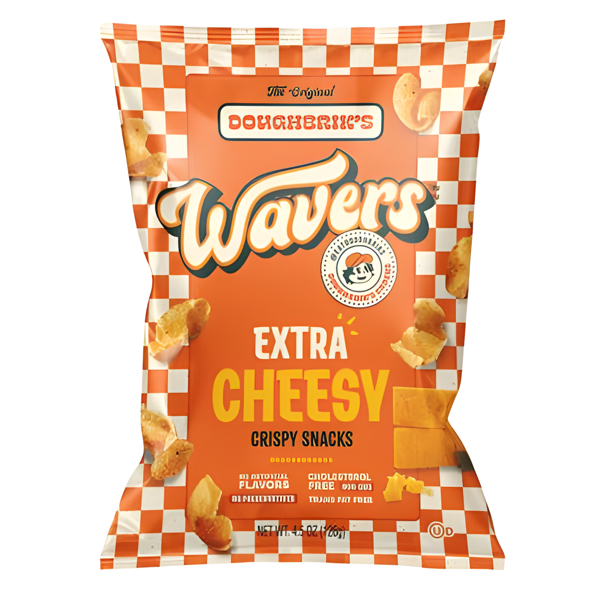 Front of Doughbrik’s Wavers Extra Cheesy Crispy Snacks bag showing orange and white checkered design and crispy snack pieces (126g pack)