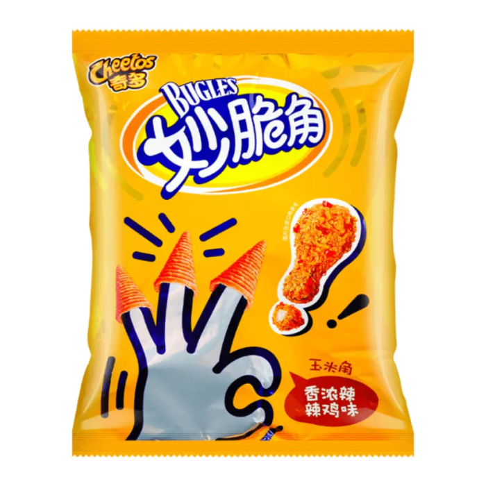 Front of a yellow bag of Cheetos Bugles Spicy Chicken showing logo, spicy chicken flavour details, and crunchy snacks (65g pack)