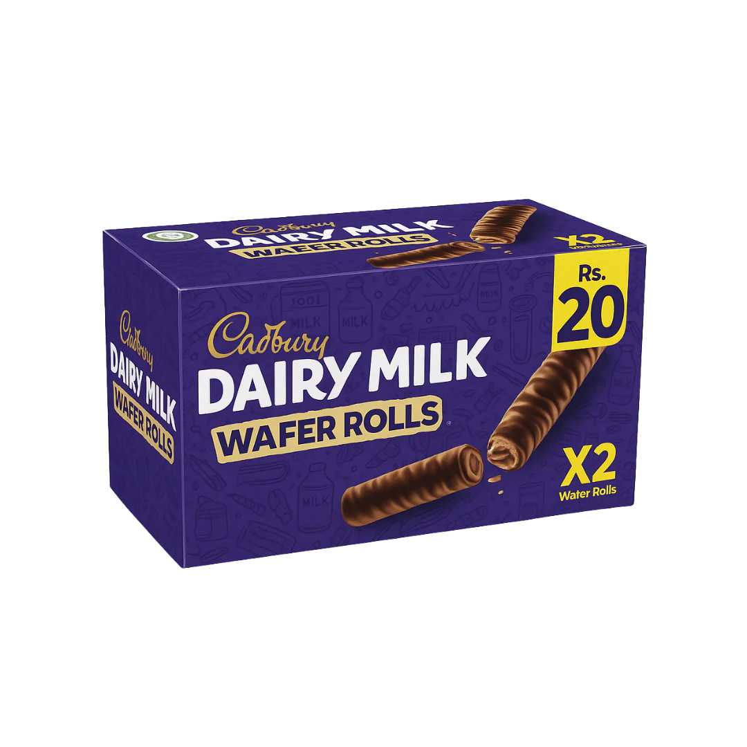Front of Cadbury Dairy Milk Wafer Rolls box showing the logo, wafer rolls, and pack details (192g)
