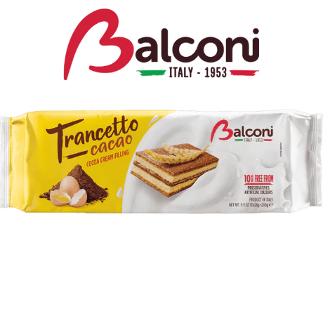 Front of Balconi Trancetto Choco Cake packaging showcasing logo, cocoa cream filling label, and image of layered cake (280g pack)