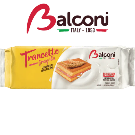 Front of Balconi Trancetto Strawberry Cake packaging showcasing the logo, strawberry cream filling, and light cake layers (280g pack)
