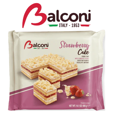 Front of Balconi Strawberry Cake packaging showing the logo, strawberry cake slices with cream and chocolate shavings, and 400g quantity.