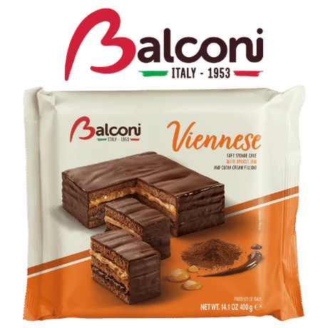 Front of Balconi Viennese-Vienna Cake packaging showing the logo, cake image, and labelled details (400g pack)