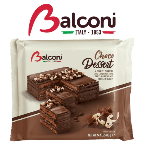 Front of Balconi Choco Dessert Cake pack displaying chocolate layered cake with toppings and brand logo (400g)