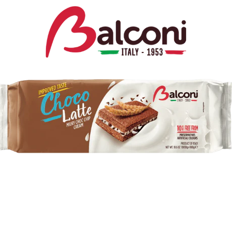 Front of Balconi 10 Choco Latte Bars package featuring the Balconi logo, Choco Latte flavour, and image of wafer bars filled with milky choc chip cream (300g pack)