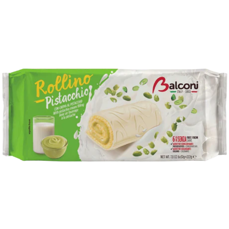 Front of Balconi Pistachio Cream Cake Rolls packaging showing the logo, pistachio cream-rolls with pistachios, and pack size (222g)