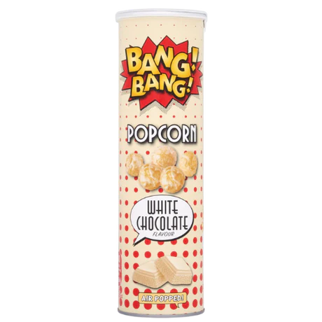Front of Bang! Bang! White Chocolate Popcorn tube showing the logo, popcorn imagery, and white chocolate flavour detail (85g pack)
