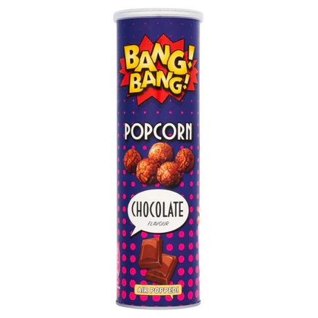 Front of Bang! Bang! Milk Chocolate Popcorn tube showing logo, chocolate flavour label, and air-popped popcorn image (85g pack)